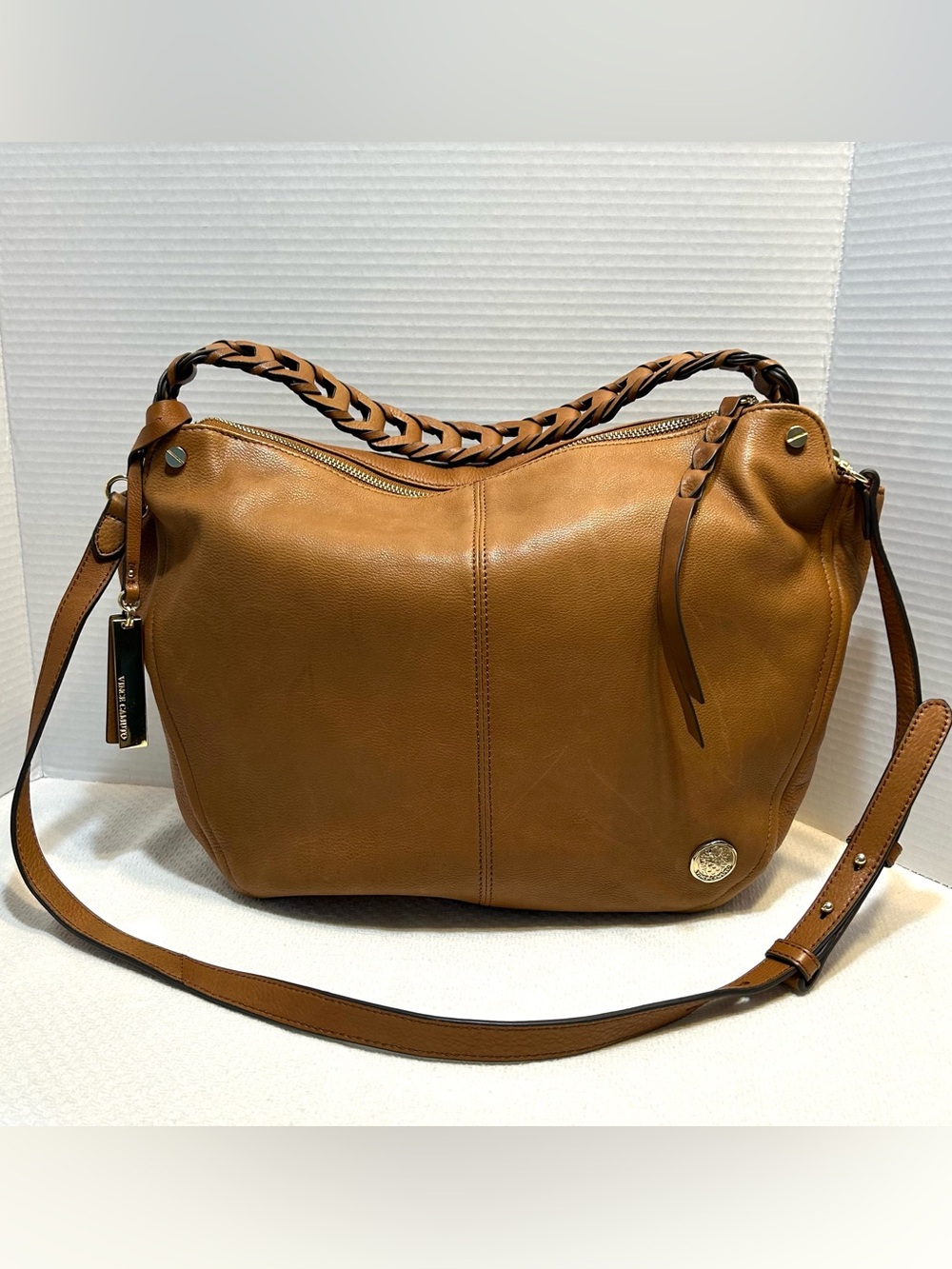 Vince Camuto Leather Shoulder Bag Satchel Luela Brown Pebbled Braid Strap Logo